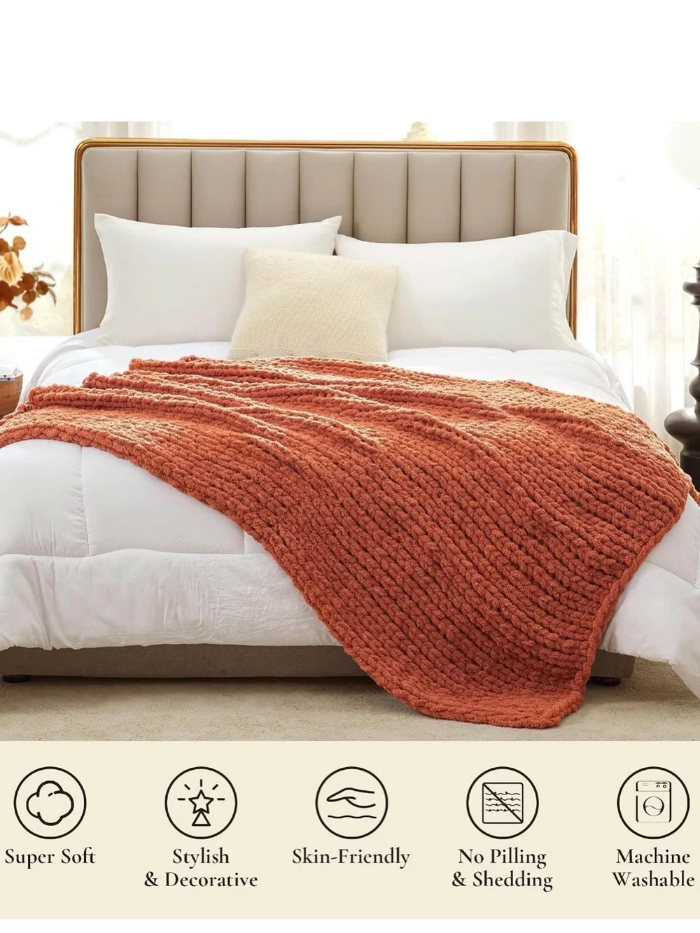 Chunky Knit Chenille Crochet Throw Blanket - Rust Orange